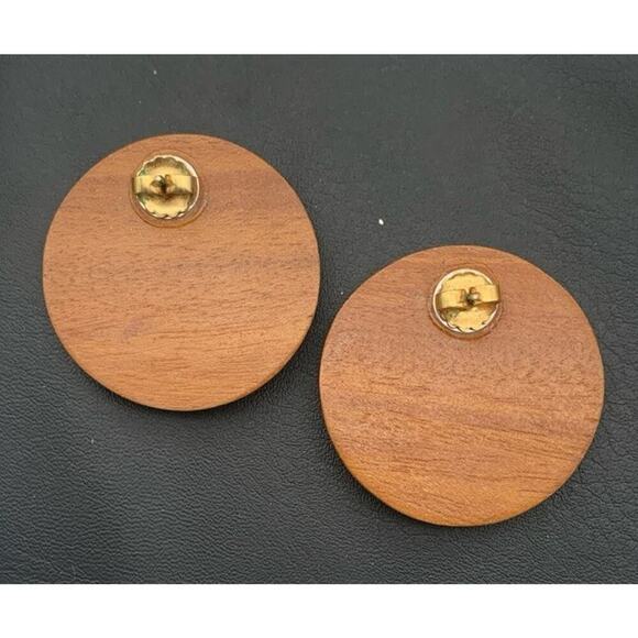Vintage Hand Painted Large Wooden Pierced Earrings Boho Tribal - Picture 3 of 4